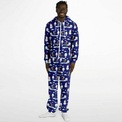 Frosty Friends Blue Winter Jumpsuit Adult Onesie Gender-Neutral Athletic PJs    - HolidayShoppingFinds