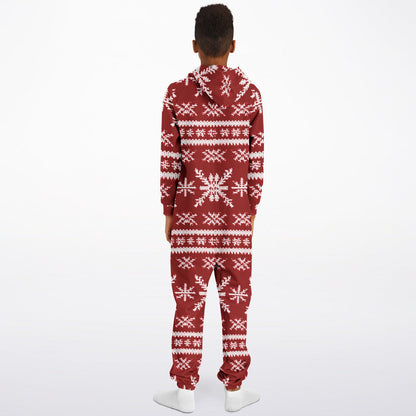 Scandinavian Holiday Pattern Red Teens Onesie, Festive Youth Athletic Jumpsuit    - HolidayShoppingFinds