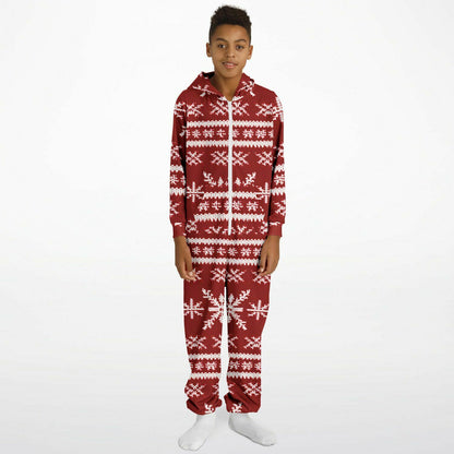 Scandinavian Holiday Pattern Red Teens Onesie, Festive Youth Athletic Jumpsuit    - HolidayShoppingFinds