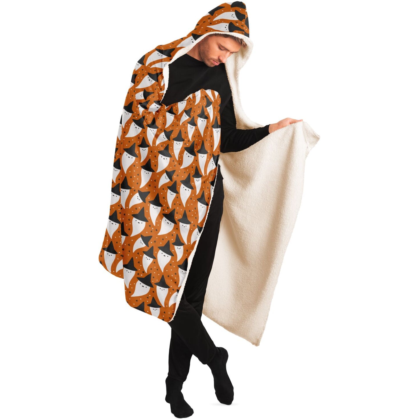 Halloween Spooky Ghosts Pattern Orange Hooded Blanket    - HolidayShoppingFinds