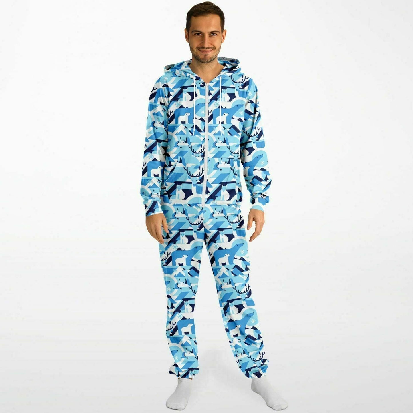 Winter Wildlife Blue Jumpsuit Adult Onesie Unisex Athletic One-Piece PJs    - HolidayShoppingFinds