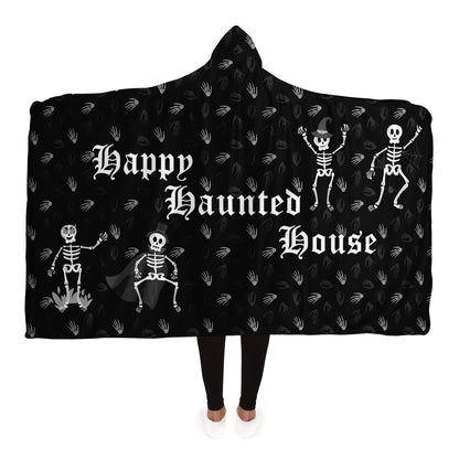 Halloween Happy Haunted House Spooky Skeletons over Bones Pattern Hooded Blanket    - HolidayShoppingFinds