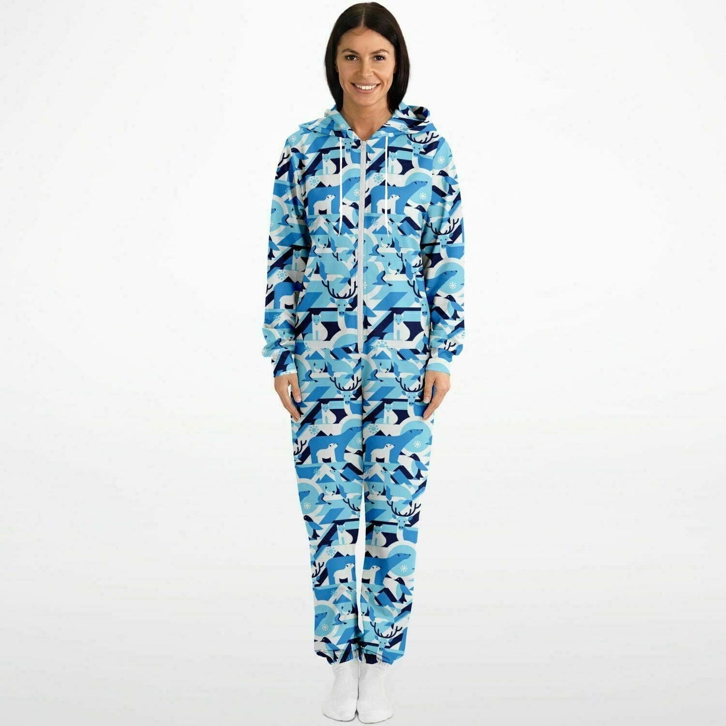 Winter Wildlife Blue Jumpsuit Adult Onesie Unisex Athletic One-Piece PJs    - HolidayShoppingFinds