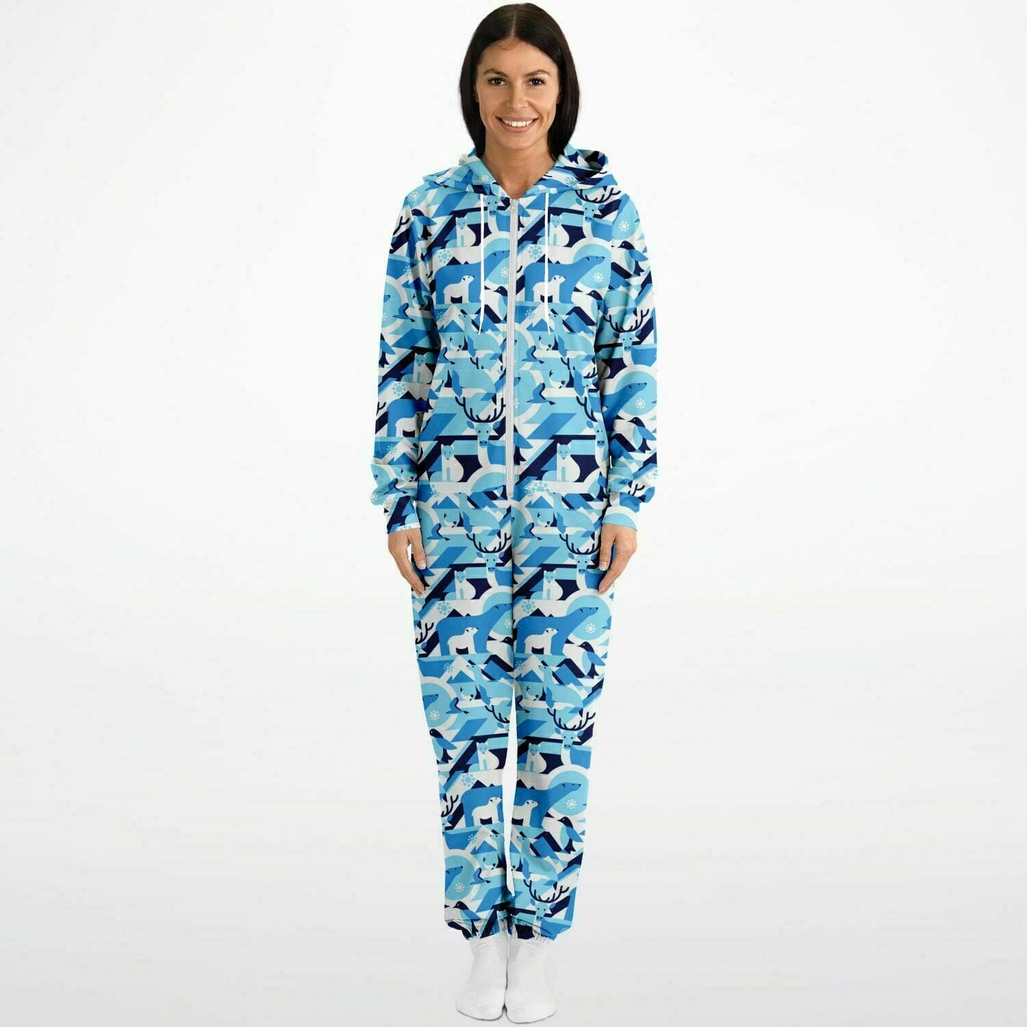 Winter Wildlife Blue Jumpsuit Adult Onesie Unisex Athletic One-Piece PJs    - HolidayShoppingFinds