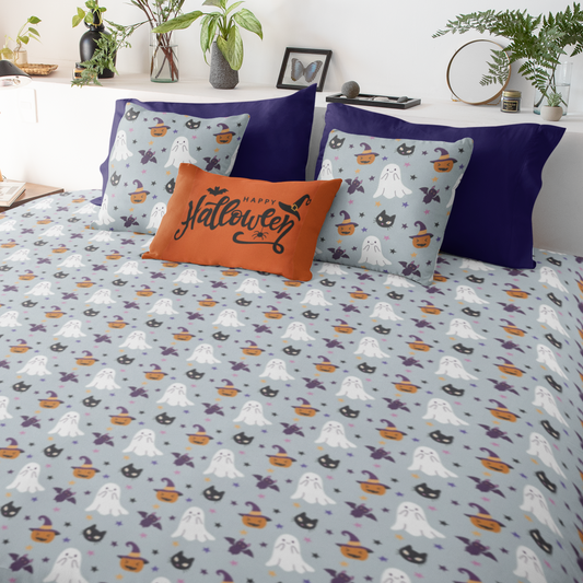 Gray Halloween Duvet Cover with Ghosts, Jack-o'-lantern, Bats, Black Cats    - HolidayShoppingFinds