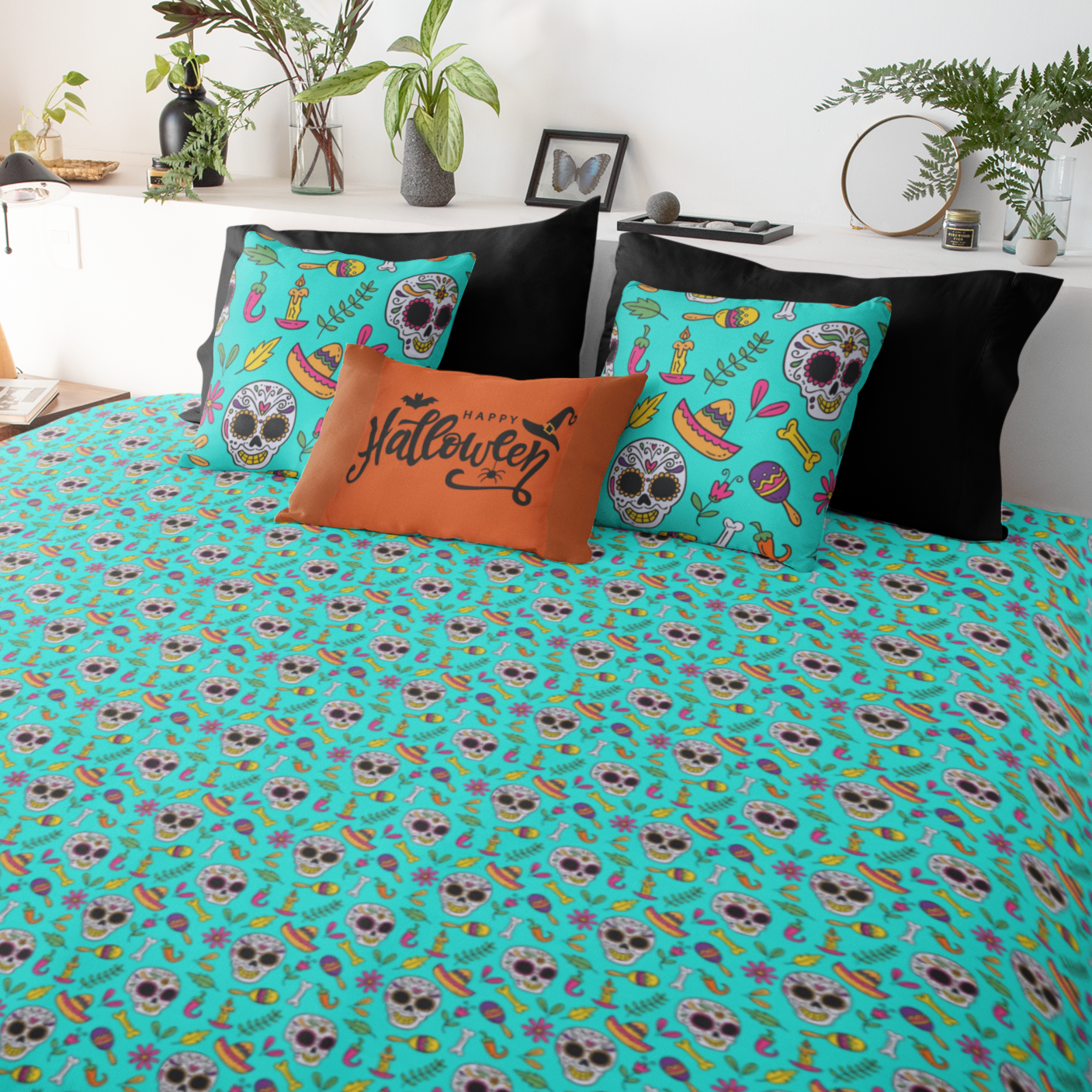 Sugar Skull Duvet Cover, Dia De Los Muertos Turquoise Duvet Twin/TwinXL/Queen/King Duvet    - HolidayShoppingFinds