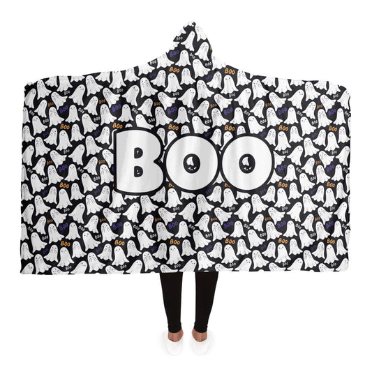 Halloween Boo Spooky Ghosts Patterned Hooded Blanket Costume Adult Premium Sherpa  - HolidayShoppingFinds