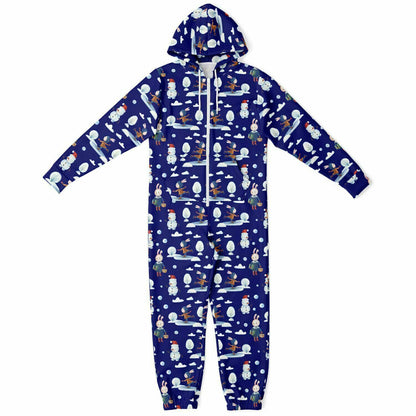 Frosty Friends Blue Winter Jumpsuit Adult Onesie Gender-Neutral Athletic PJs    - HolidayShoppingFinds