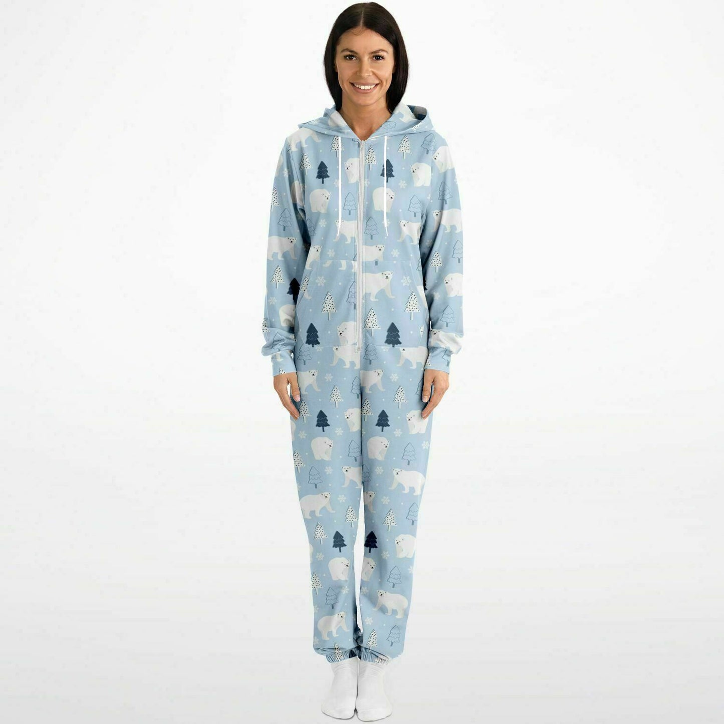 Polar Bears Winter Wonderland Blue Jumpsuit Adult Onesie Gender-Neutral Athletic PJs    - HolidayShoppingFinds