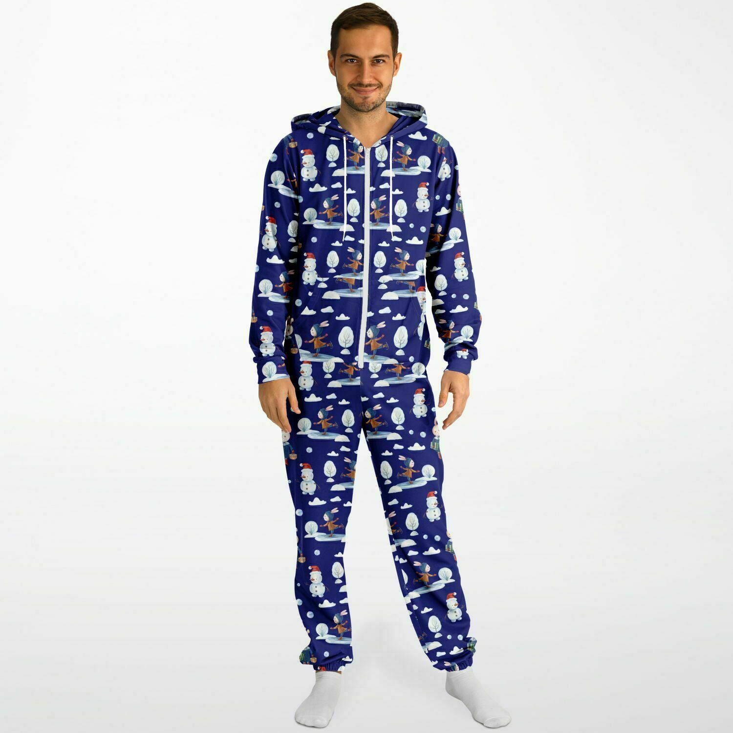 Frosty Friends Blue Winter Jumpsuit Adult Onesie Gender-Neutral Athletic PJs    - HolidayShoppingFinds