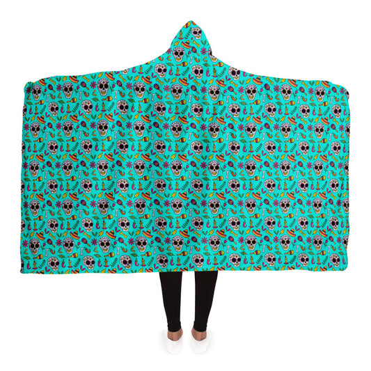 Turquoise Sugar Skull Hooded Blanket, Day of the Dead, Halloween Hooded Blanket Adult Premium Sherpa  - HolidayShoppingFinds