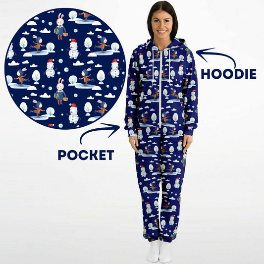 Frosty Friends Blue Winter Jumpsuit Adult Onesie Gender-Neutral Athletic PJs    - HolidayShoppingFinds