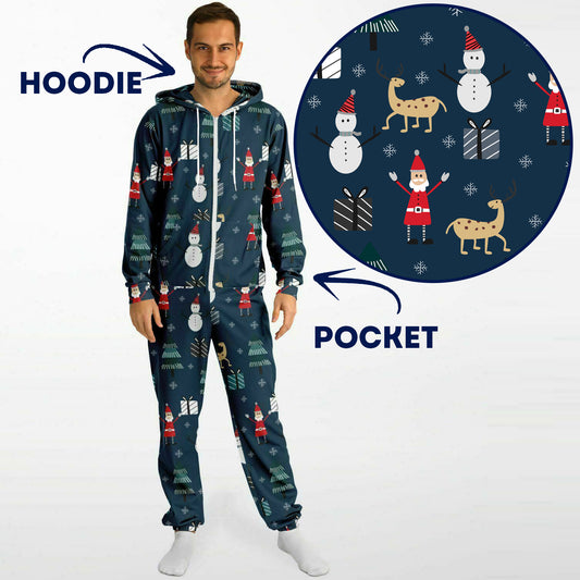 Santa & Friends Holiday Adult Jumpsuit, Unisex Athletic Blue Onesie One-Piece PJs    - HolidayShoppingFinds