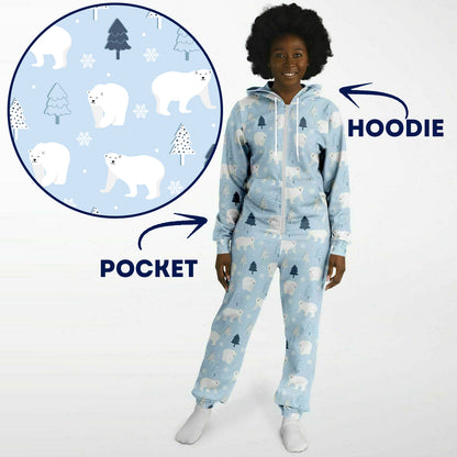 Polar Bears Winter Wonderland Blue Jumpsuit Adult Onesie Gender-Neutral Athletic PJs    - HolidayShoppingFinds