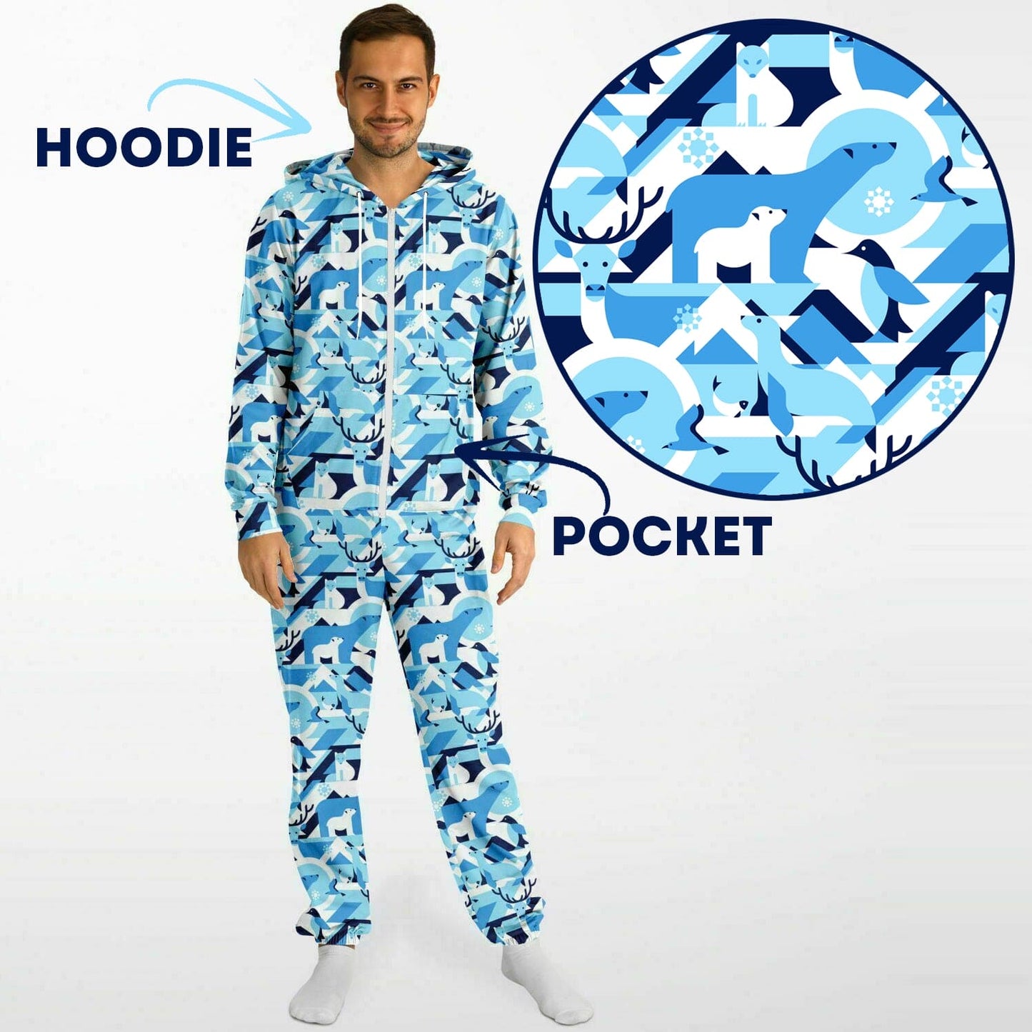 Winter Wildlife Blue Jumpsuit Adult Onesie Unisex Athletic One-Piece PJs    - HolidayShoppingFinds