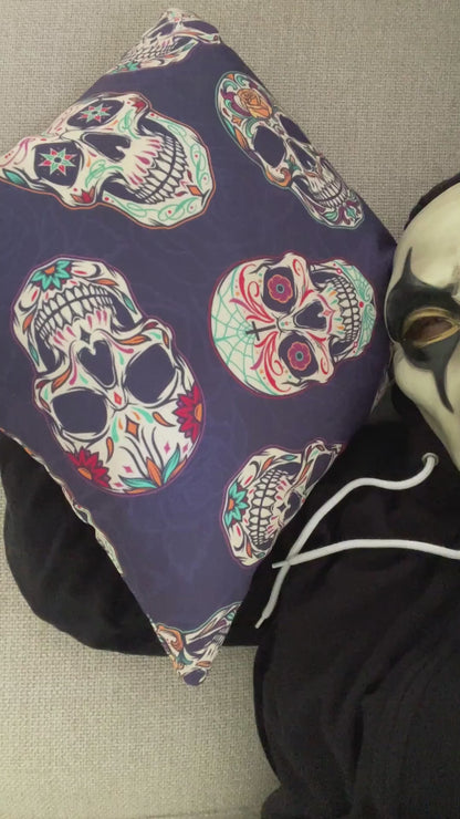 Sugar Skull Pillowcase, Day of the Dead Dia De Los Muertos Purple Pillow, Square 2-Sided Accent Pillow Cover