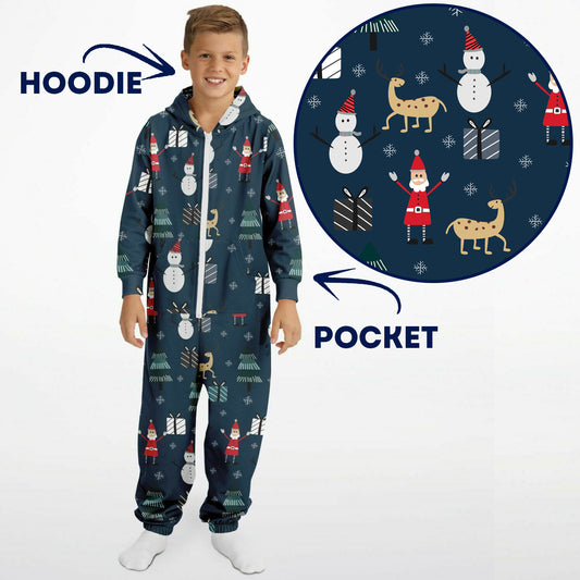 Holiday Santa & Friends Teens Onesie: Boys & Girls Union Suit Athletic Blue Jumpsuit    - HolidayShoppingFinds