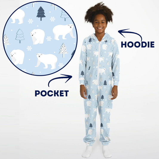 Polar Bears Winter Teens Onesie: Boys & Girls Union Suit Athletic Blue & White Jumpsuit    - HolidayShoppingFinds