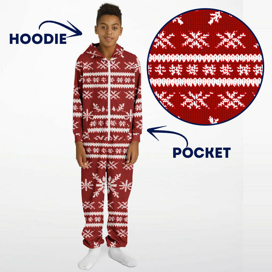 Scandinavian Holiday Pattern Red Teens Onesie, Festive Youth Athletic Jumpsuit    - HolidayShoppingFinds