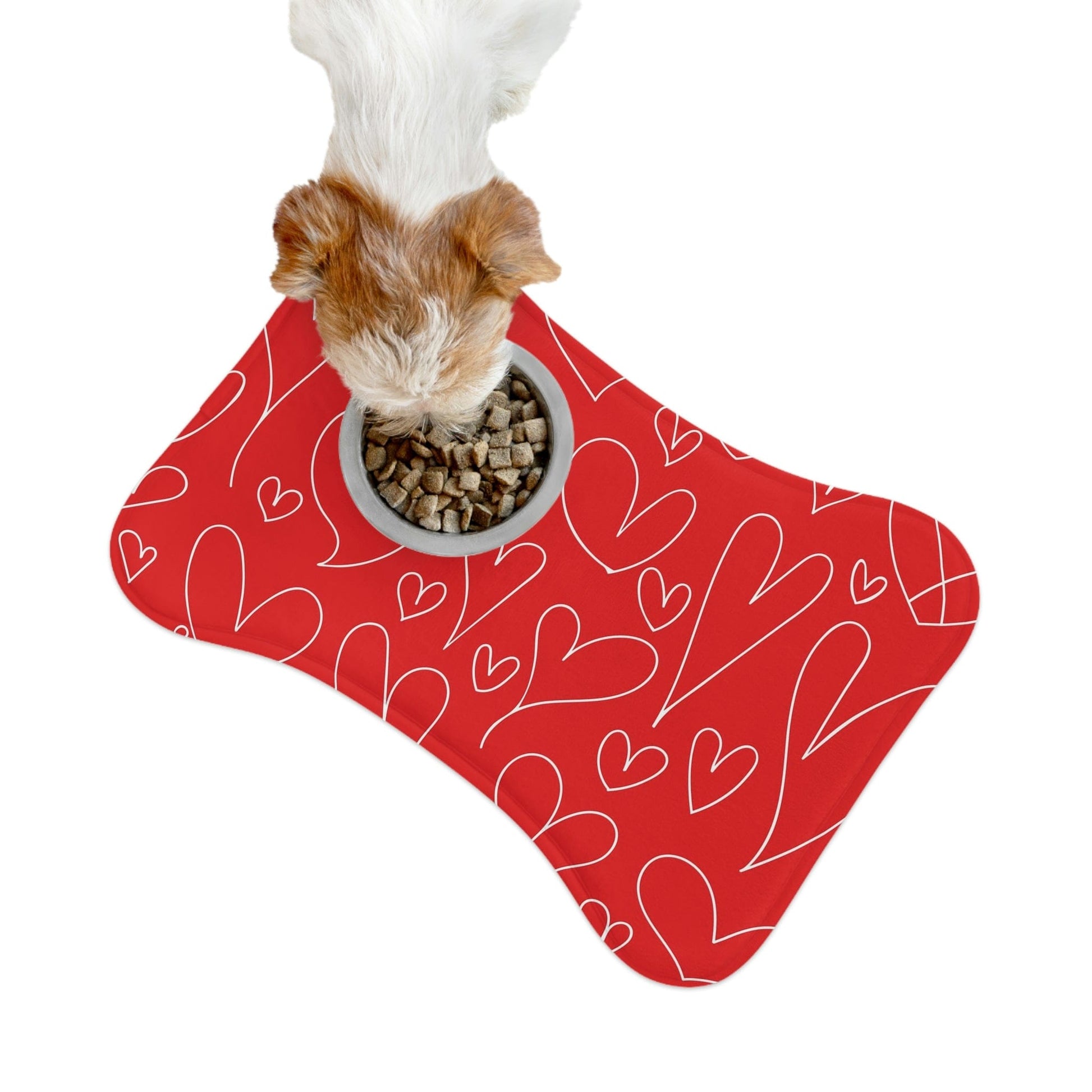 Valentines Hearts Red Pet Feeding Mat Bone Shape Dog/Cat Food Placemat Bone shape (19" x 14") White  - HolidayShoppingFinds