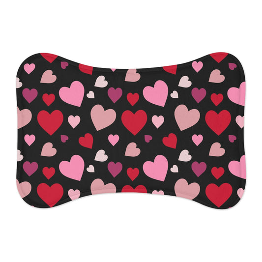 Hearts Pattern Black Bone Shape Pet Placemat Cat / Dog Food Mat Bone shape (19" x 14") White  - HolidayShoppingFinds