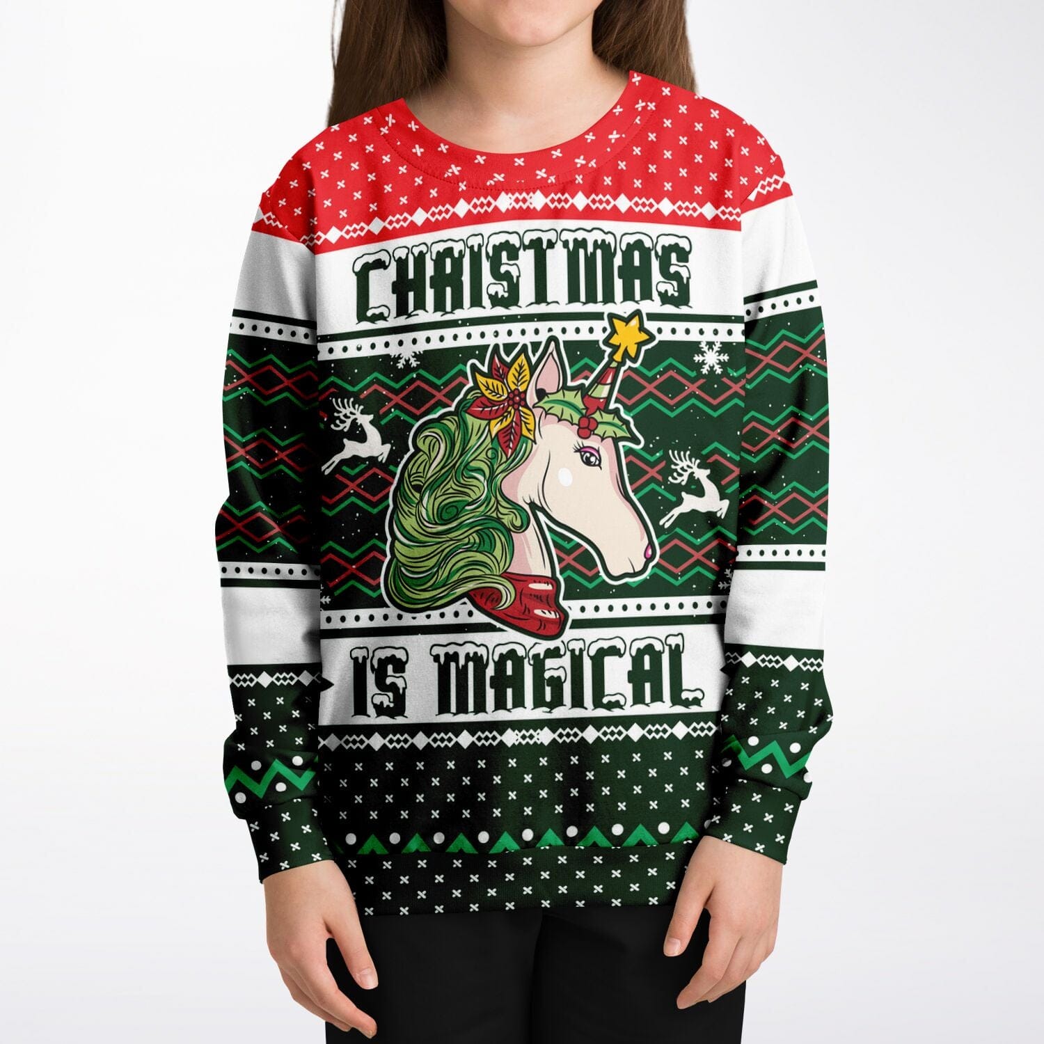 Magical Unicorn Kids Ugly Christmas Sweatshirt, Unisex Red Green White Sweater    - HolidayShoppingFinds