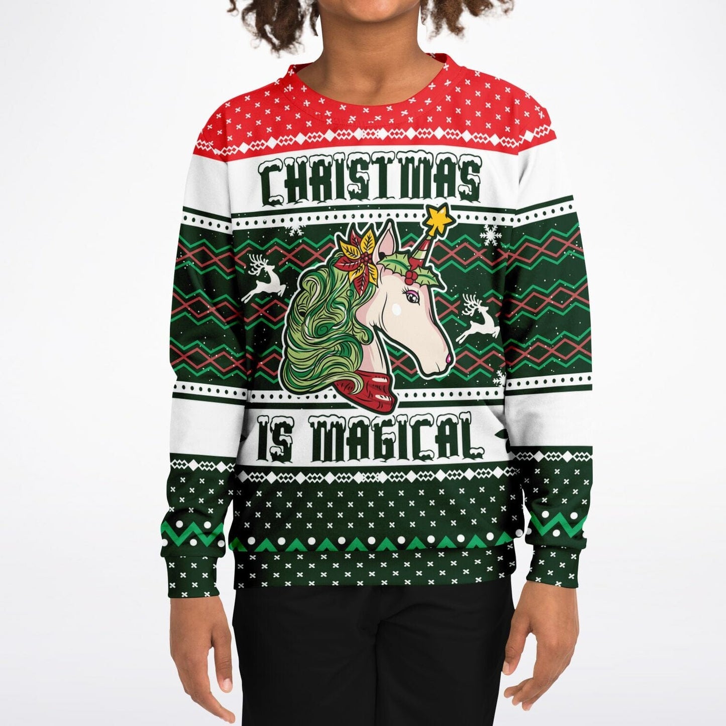 Magical Unicorn Kids Ugly Christmas Sweatshirt, Unisex Red Green White Sweater    - HolidayShoppingFinds