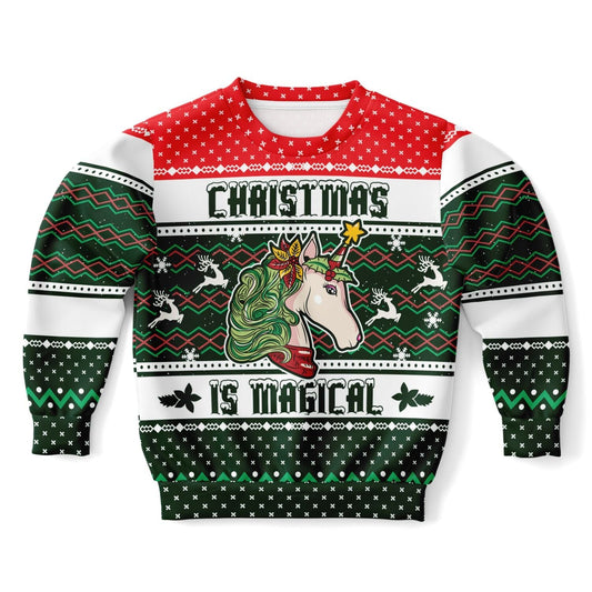 Magical Unicorn Kids Ugly Christmas Sweatshirt, Unisex Red Green White Sweater XXS   - HolidayShoppingFinds